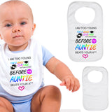 Personalised Soft Cotton Baby Bib I Am Too Young For Mask For Boys & Girls