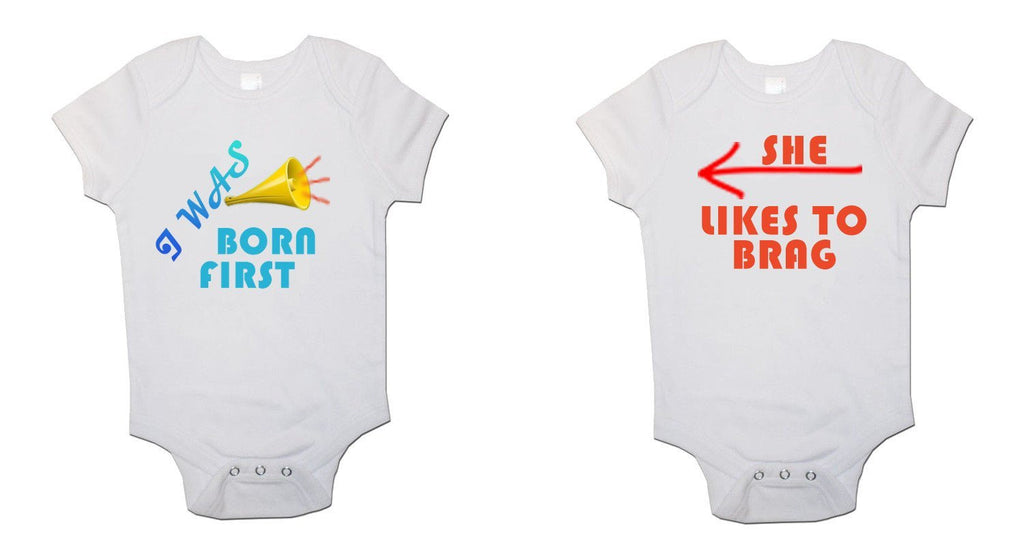 I Was Born First Twin Pack Baby Vests Bodysuits