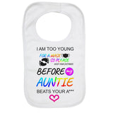 Personalised Soft Cotton Baby Bib I Am Too Young For Mask For Boys & Girls
